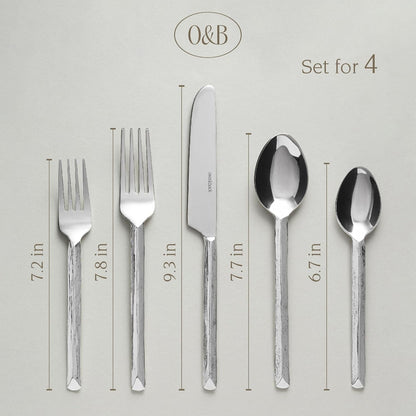 over&back 20pc Hand-Forged Flatware Cutlery Set - Comes with 4 Dinner Forks, 4 Salad Forks, 4 Dinner Knives, 4 Dinner Spoons, and 4 Teaspoons - Dishwasher-Safe - 18/8 Stainless Steel
