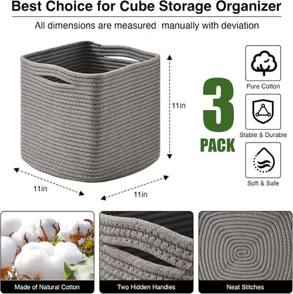 11 Inch Cube Storage Bins, Storage Cube Organizer Bins, Woven Cotton Rope Basket for Storage, Storage Baskets for Organizing Shelves, Grey Baskets for Toys Nursery, Grey (Pack of 3)