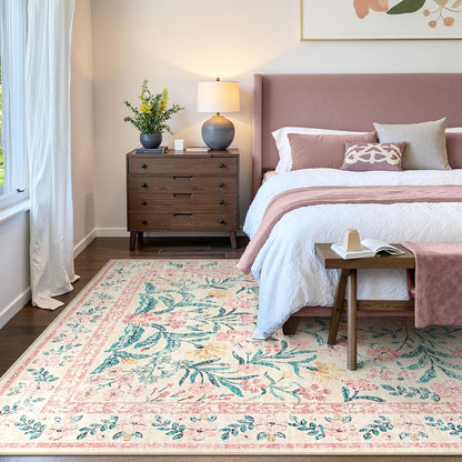 Wonnitar Floral Large Rugs for Living Room, Soft Light Pink Rug Washable 9x12 Carpet Non Slip, Boho Foldable Non-Shedding Kids Carpet for Bedroom Girls Nursery Dorm Playroom
