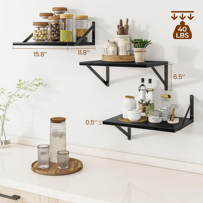 Heimlove Deep Floating Shelves for Wall, 12 Inch Deep Floating Shelves Set of 3, 16W x 12D Wood Wall Shelves, Wide Wood Shelves with Metal Bracket for Living Room, Kitchen, Office, Bedroom - Black