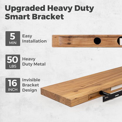 RICHFOCUS Elm Floating Shelves for Wall - 36" W x 9.3" D Rustic Solid Wood Shelves with Invisible Bracket, Wall-Mounted for Living Room, Bedroom, Kitchen Storage & Display, Set of 2, Natural