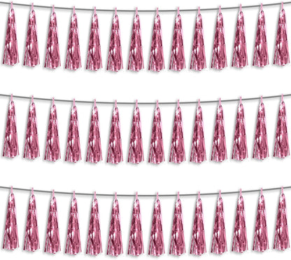 3P Light Pink Foil Fringe Metallic Tassel Streamers Banner Tassel Garland for Parade Floats, Bachelorette, Wedding, Birthday, Halloween, Christmas, Bridal/Baby Shower Party Decorations