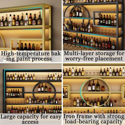 55.1in Wall Mounted Wine Rack, Modern Metal Wine Bottle and Glass Holder, Iron Display Stand Decorative Wine Rack, for Bar Living Room Dining Room Background (Gold, 55.1 * 8 * 51INCHES)