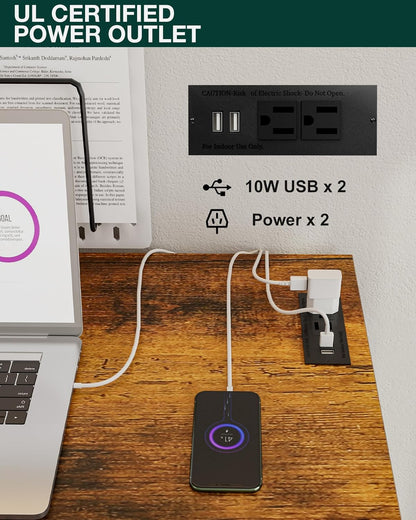 Frylr Small Folding Computer Desk – 55.1 Inch Portable Table for Craft and Study, Lightweight Desk for Small Spaces, Foldable Laptop Table Built-in AC/USB Outlets for Convenience, Rustic Brown