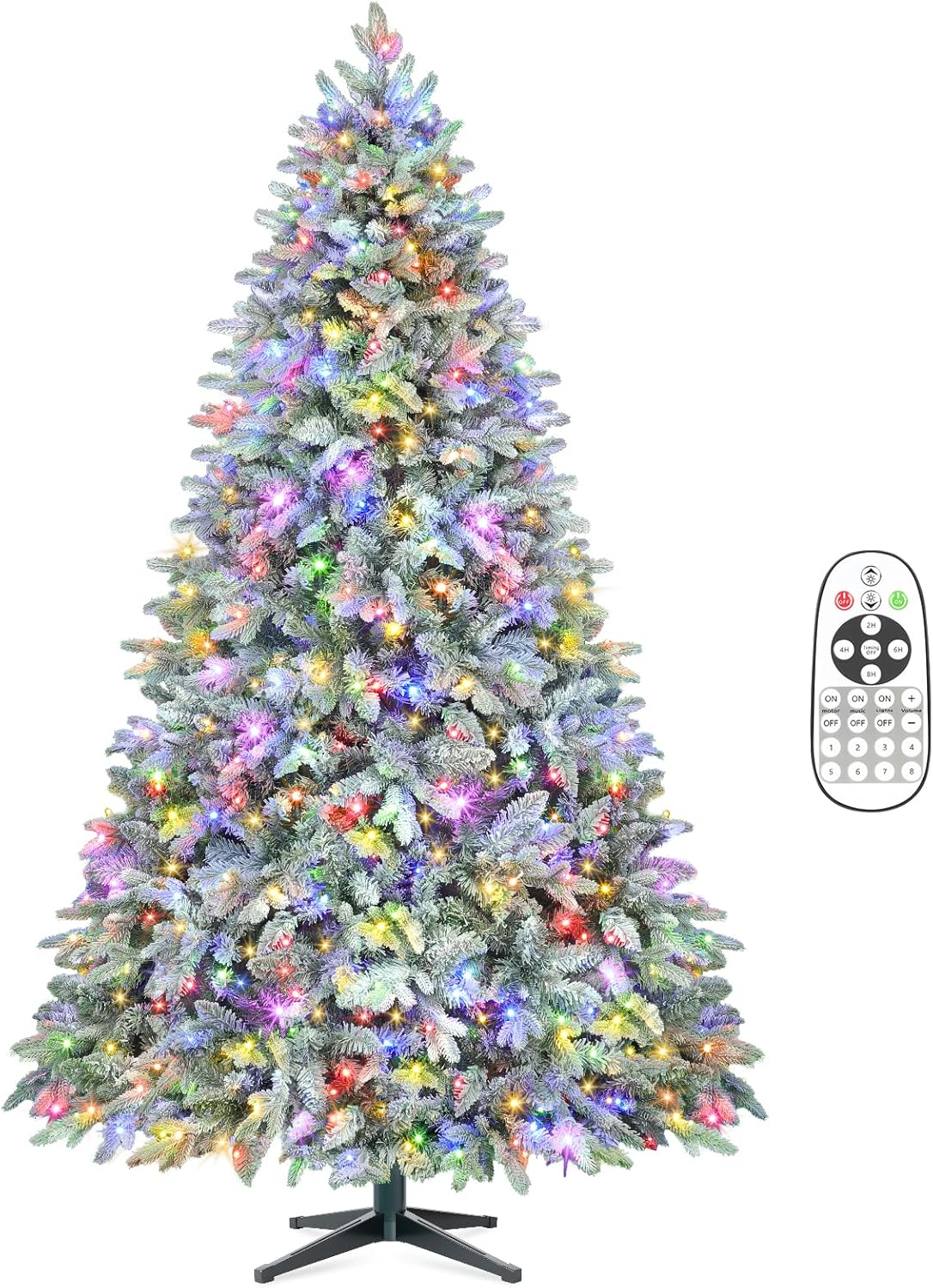 9FT Rotating Christmas Tree with Remote, Pre-Lit Artificial Green PE & PVC Xmas Tree, Multicolor LED Lights with Music & Flash Modes, Deluxe Holiday Home Decor
