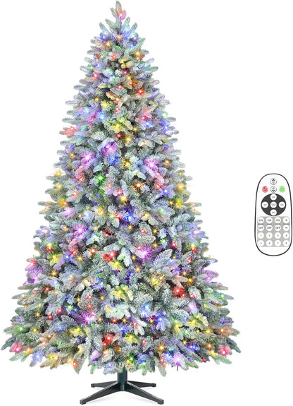 9FT Rotating Christmas Tree with Remote, Pre-Lit Artificial Green PE & PVC Xmas Tree, Multicolor LED Lights with Music & Flash Modes, Deluxe Holiday Home Decor