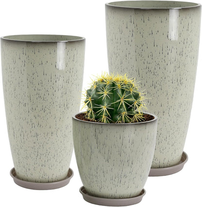 24/21/12 Inch Large Plastic Planter, Lightweight Ceramic-Look Large Flower Pots with Drain Hole & Saucers, Plastic Outdoor Planters for Garden, Patio, Balcony(Glaze White)