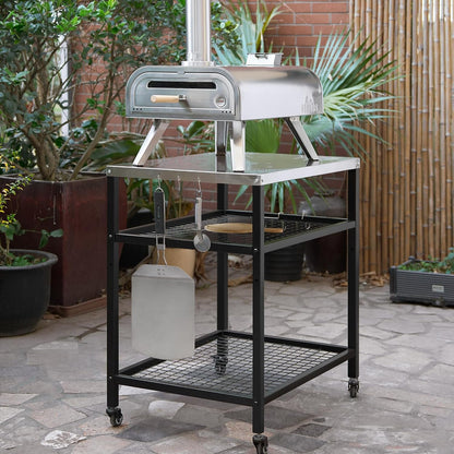 Stainless Steel Grill Cart with Cover Pizza Oven Stand with Water-Proof Cover Trolley Table with Wheels Three-Shelf Movable Food Prep and Work Cart Table Heavy Duty Grill Cart Outdoor 31.5"×24"×35.5"