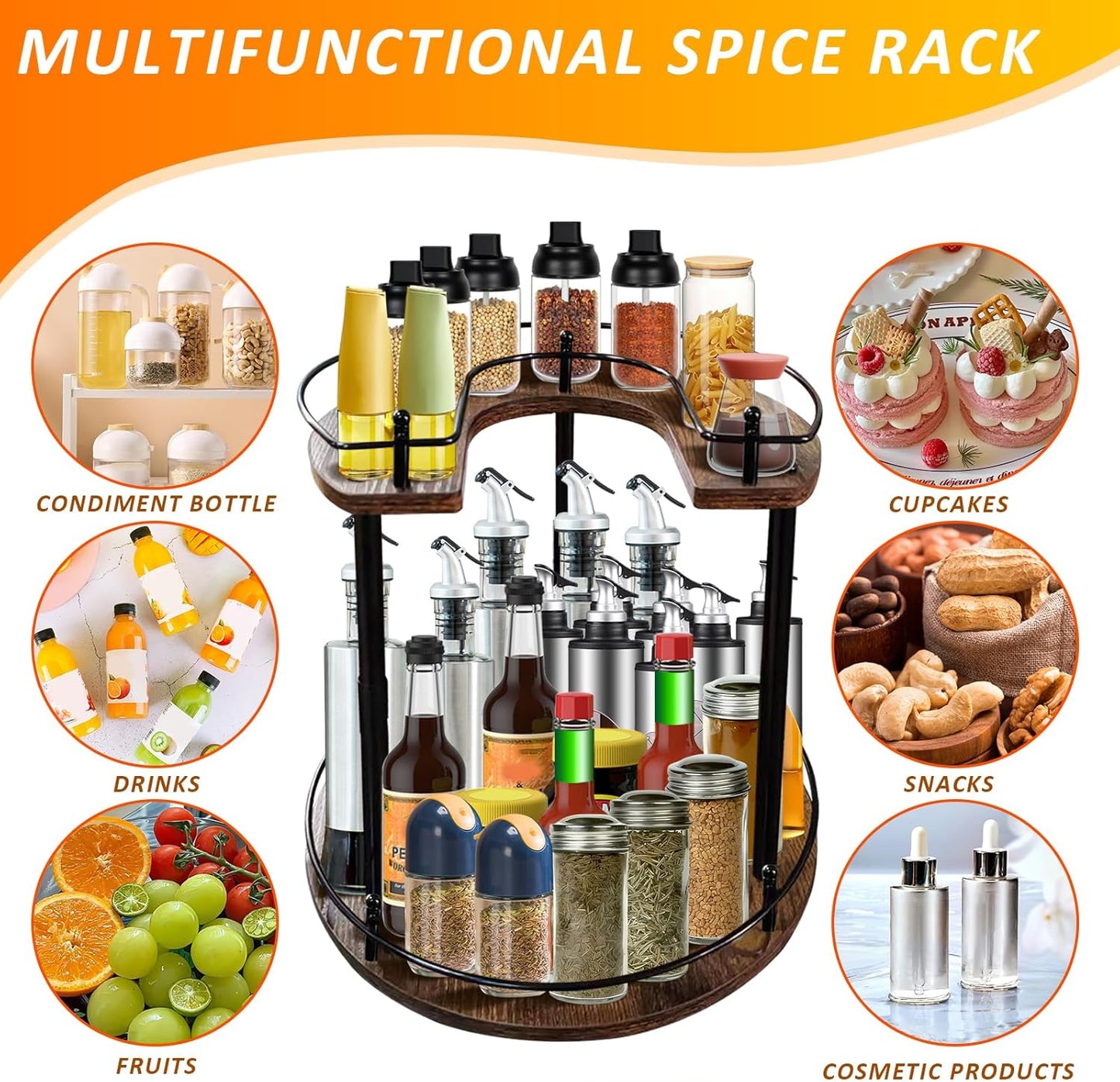 2-Tier Lazy Susan Organizer, Rotating Spice Rack with Stable Carousel Base & 4 Height Settings, Spice Rack Organizer for Cupboard Kitchen Countertop Dining Table