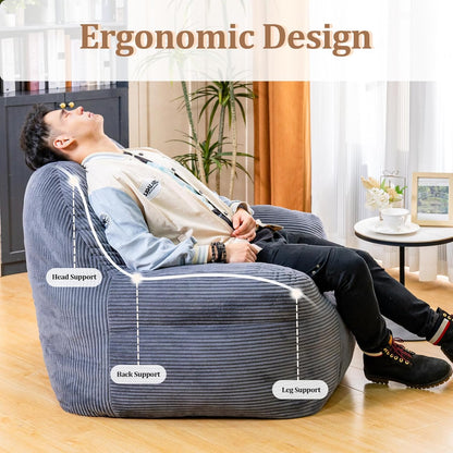 Giant Bean Bag Chair, Faux Fur Bean Bag Chair for Adults, Fluffy and Comfy Bean Bags with Filler, Big Bean Bag Sofa Chair for Reading, Gaming, Stuffed High-Density Foam, Grey