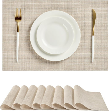 Leetaltree Beige Placemats Set of 8 - Heat Resistant Non-Slip Place mats for Dining Table, Washable Durable PVC Vinyl Woven Table Mats（Beige, 8）