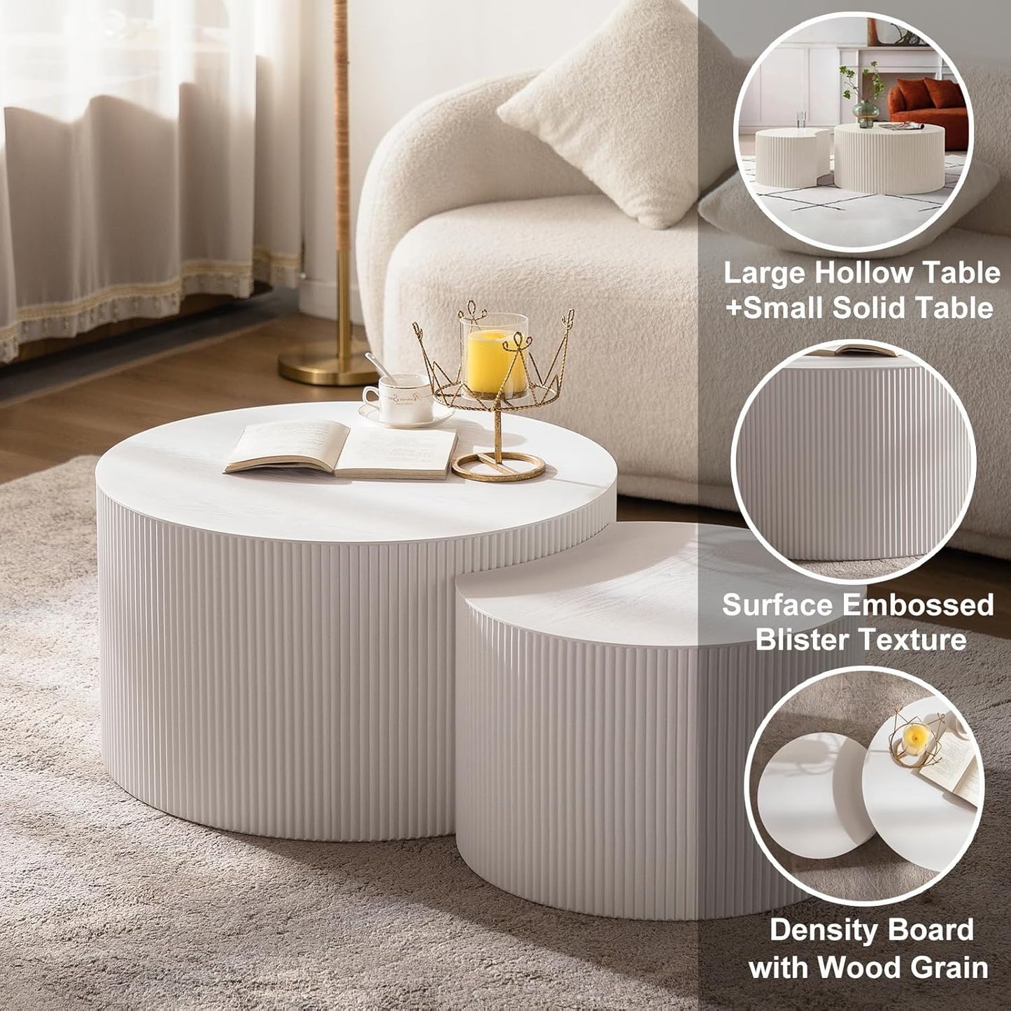 Nesting Coffee Table Set of 2 Modern Handcraft Fluted Coffee and End Table Sets Wooden Drum Small Round Side Table Minimalist Cream Center Tables for Living Room,No Assembly,Crescent Large