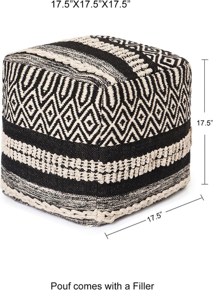 REDEARTH · Tufted Pouf Ottoman with Filler Textured Storage Cube Bean Bag Pouffe Footrest for Living Room, Bedroom, Nursery, Kidsroom; 100% Cotton (17.5"X17.5"X17.5", Char Delineate Black)
