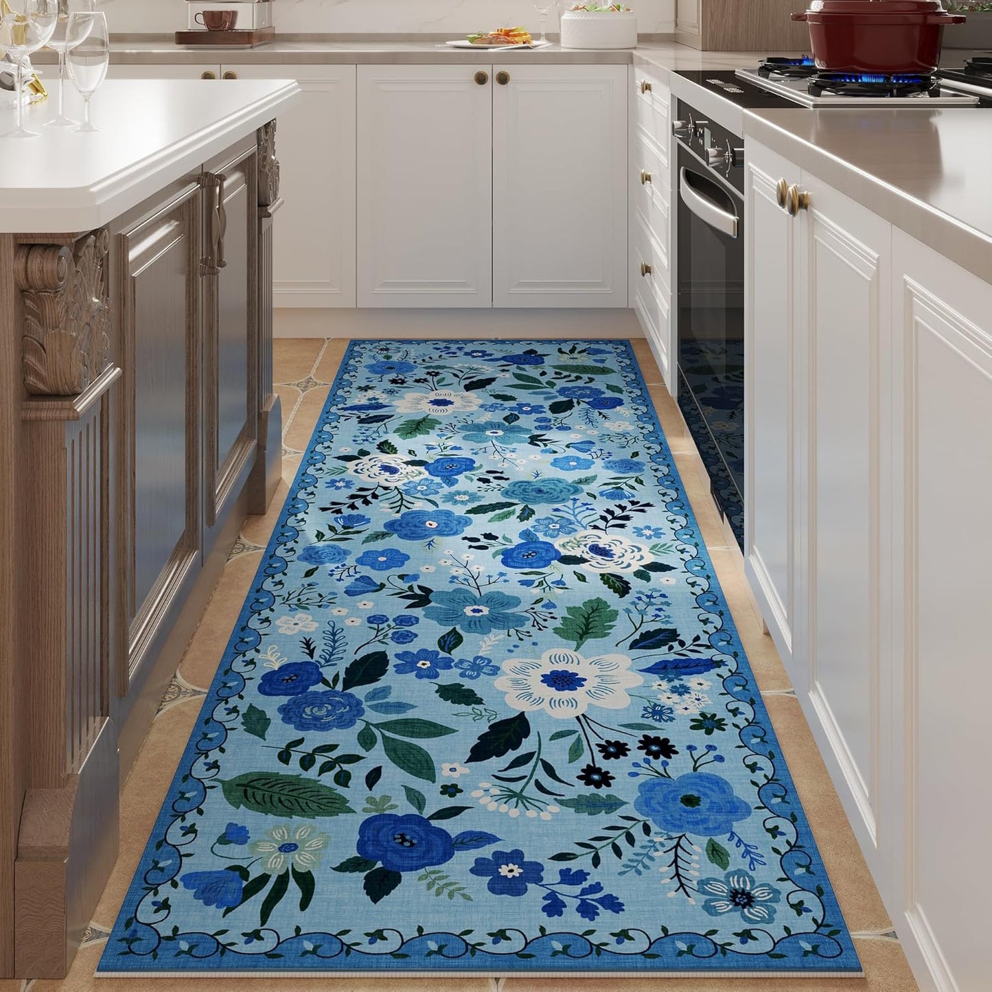 Runner Rug for Hallways Kitchen Rug Non Slip 2'6''x8' Washable Runner Rugs with Rubber Backing Soft Floral Carpet Runner for Hallways, Kitchen, Laundry, Bedroom, Bathroom(Blue)