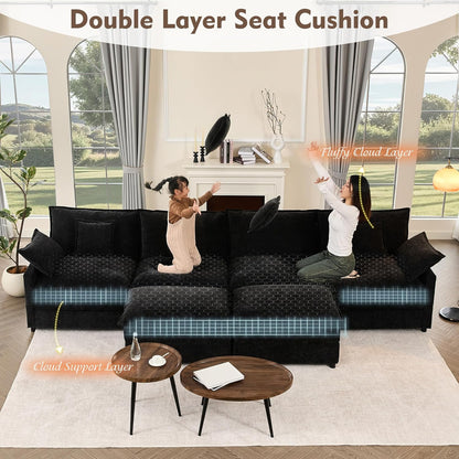 142.5" U Shaped Couch, Modular Sectional Sofa, 3-Seater Comfy Cloud Couch with Movable Ottoman, Deep Seat Couches for Living Room, Chenille, Black
