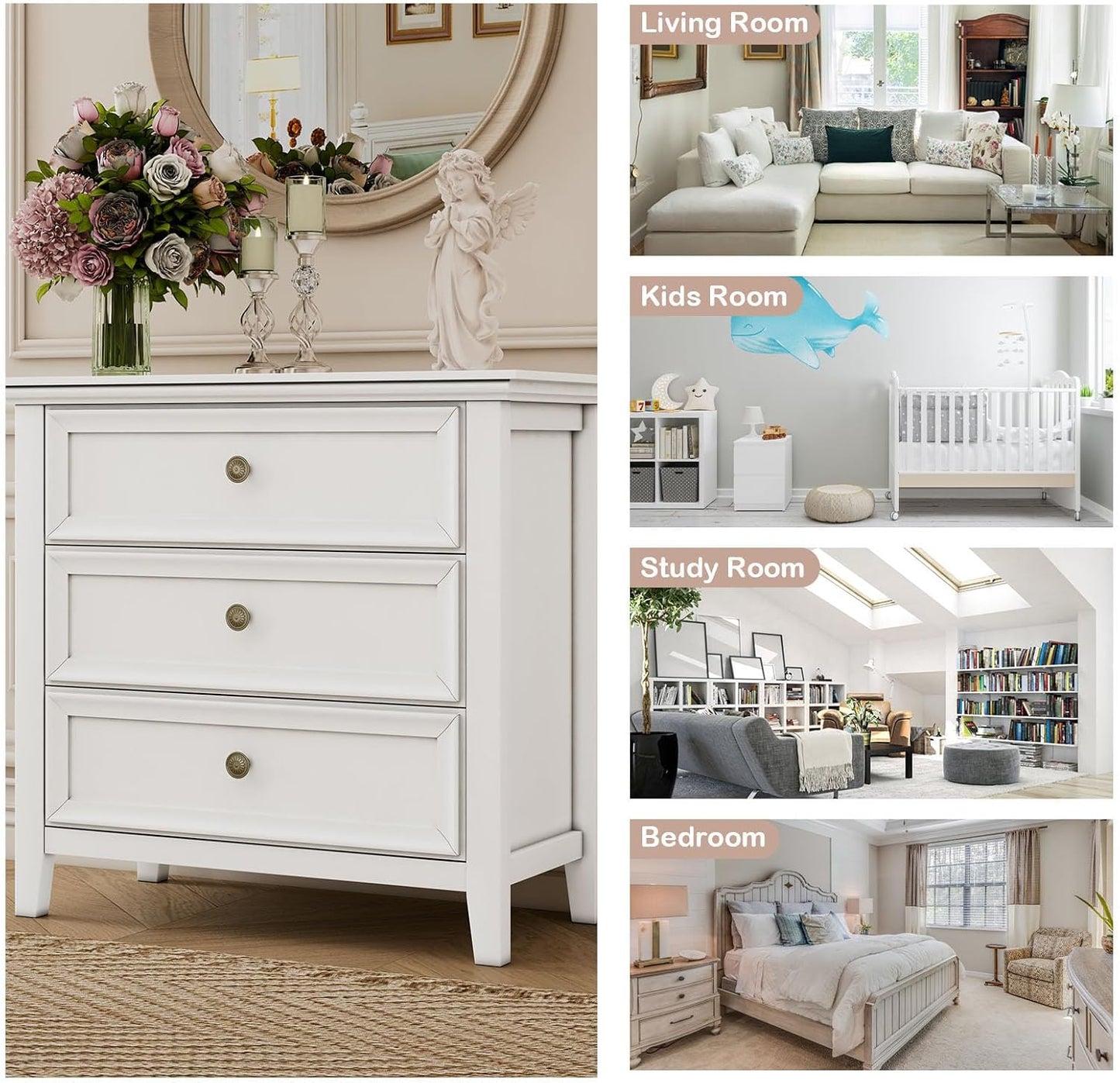 BLANKSPACE White Dresser, 3 Chest Drawer Dresser for Bedroom, Large Capacity Nightstand, Modern Wood Cabinet for Bedroom, Living Room, Closets