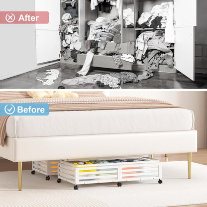 Under Bed Storage Containers With Wheels - 2 Pcs Large Bamboo Wood Rolling Underbed Shoe Storage Bins With Dust Bags for Clothes Blankets, Duvet Covers Snacks Toys (White)
