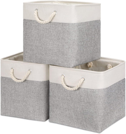 Bidtakay Fabric Basket Set - Large Square Organizer Bins, 13x13, Set of 3, White & Grey
