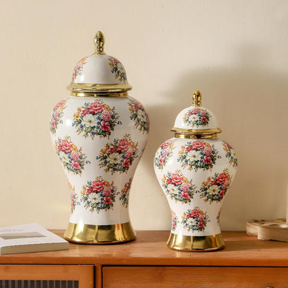 Ginger Jars for Home Decor, White Gold Ceramic Vase with Colorful Floral Pattern, Handmade Decorative Flower Vase with Lid for Home, Kitchen, Office, Table, Bookshelf, Mantle Fireplace,(12in)