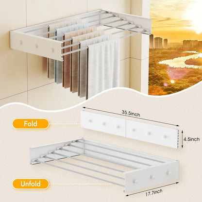 Upgrade Drying Rack Clothing,Clothes Drying Rack Wall Mounted,Laundry Drying Rack Wall Mount,Foldable,Collapsible,Retractable,6 Aluminium Poles,with Hooks,(White 35.5"