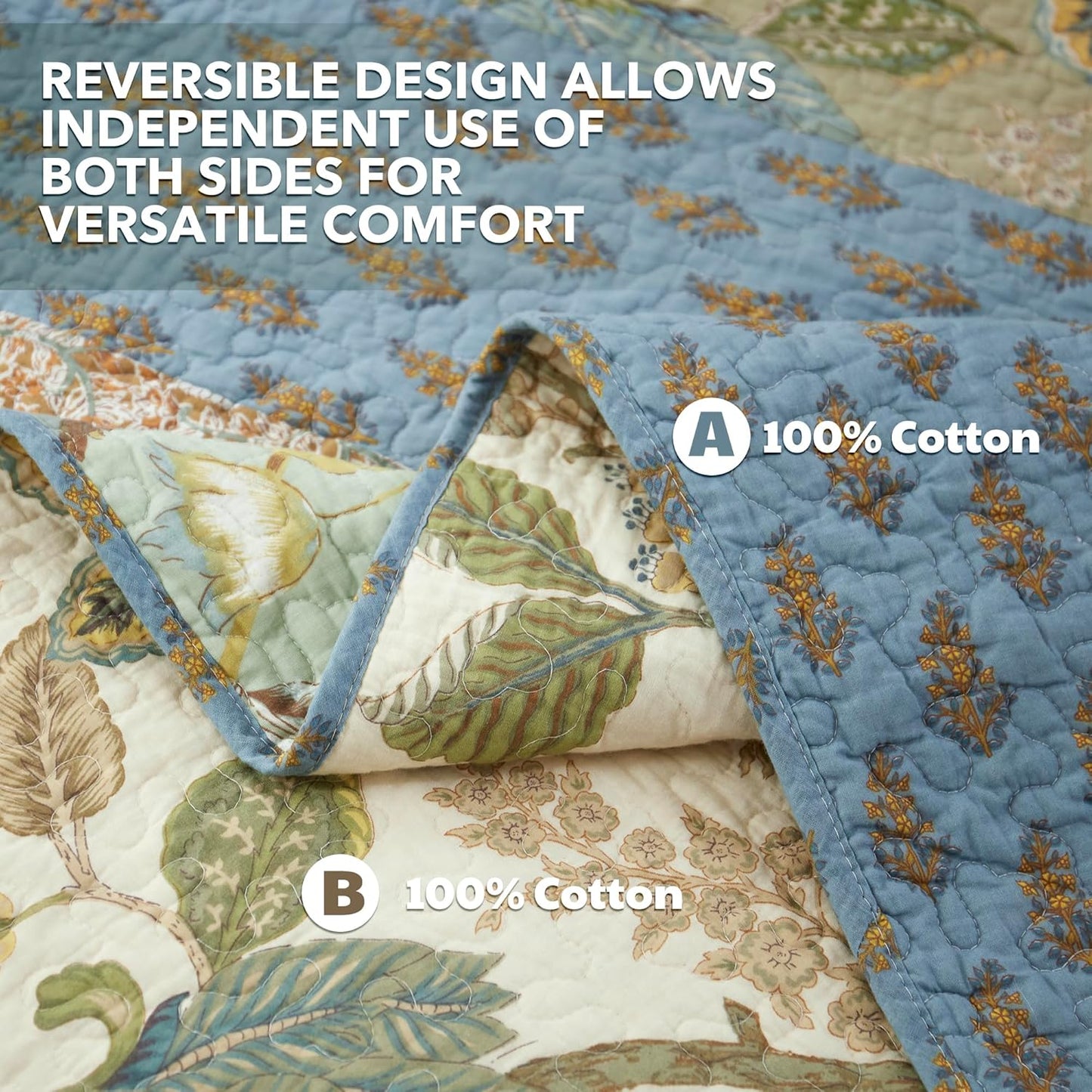 NEWLAKE Quilt Set California King Size, 100% Cotton Patchwork Green Bohemian Quilt Sets, Reversible Bedspread Lightweight and Breathable for All Seasons, Soft Quilted Bedspread with 2 Pillow Shams