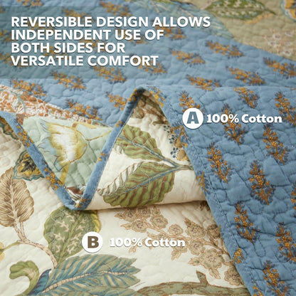 NEWLAKE Quilt Set Twin Size, 100% Cotton Patchwork Green Bohemian Quilt Sets, Reversible Bedspread Lightweight and Breathable for All Seasons, Soft Quilted Bedspread