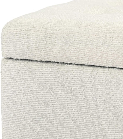 Adeco 18 Inch High Cube Ottoman Storage, Linen Chair Foot Stools, Upholstered Vanity Stool with Hinged Lid, Solid Wood Legs (White Circle Yarn)