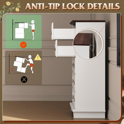 WLIVE Farmhouse Dresser for Bedroom, Wood Dresser with 5 Drawer, Chest of Drawers with Roman Metal Handle for Living Room, White