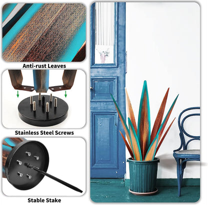 Large Tequila Rustic Sculpture, Agave Plants for Outdoor Patio, Home Decor Hand Painted Metal Garden Statue, Lawn Ornaments Yard Stakes (Blue - L)