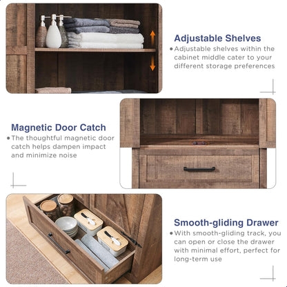 Farmhouse Kitchen Pantry Cabinet - 72" Tall Wood Kitchen Storage Cabinets with Adjustable Shelves & 2 Barn Doors & Drawer, Versatile Storage for Dining Room, Bathroom, Utility Room, Light Brown