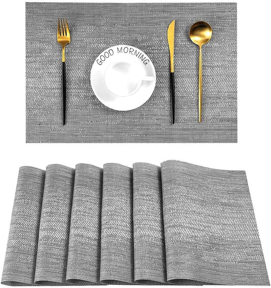 Leetaltree Grey Placemats, Heat Resistant Non-Slip Place mats for Dining Table, Washable Durable PVC Vinyl Woven Table Mats (Set of 6)