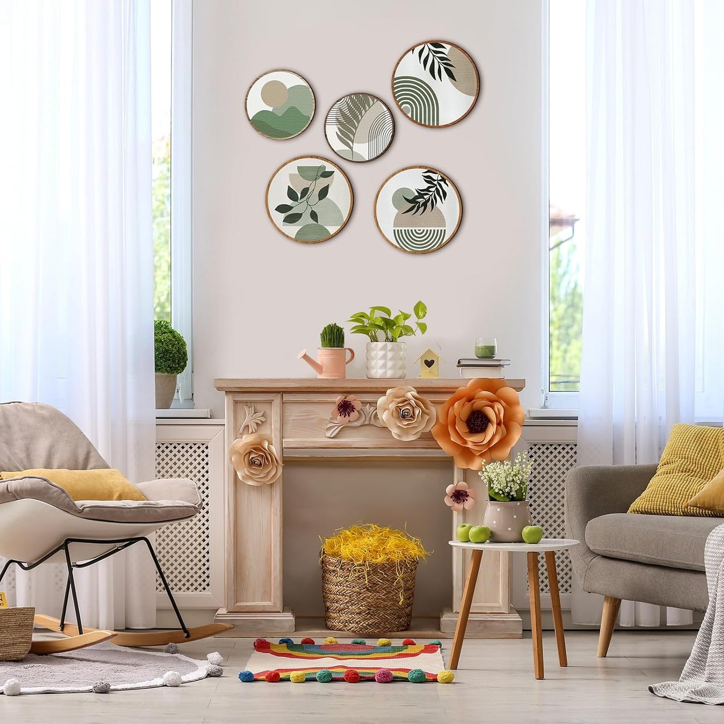 Qunclay 5 Pcs Wall Art Decor Wooden Living Room Wall Decor Bohemian Hanging Farmhouse Geometric 10'' and 8'' Aesthetic Wood Minimalist Posters for Bedroom(Greenery)