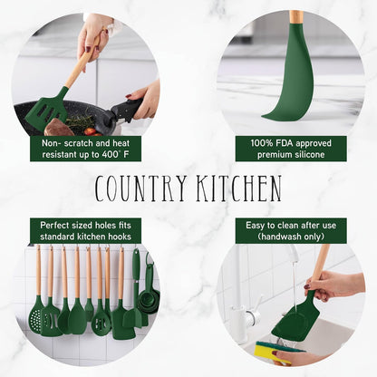 Country Kitchen Non Stick Silicone Utensil Set with Rounded Wood Handles for Cooking and Baking, 38 Piece Set, Green