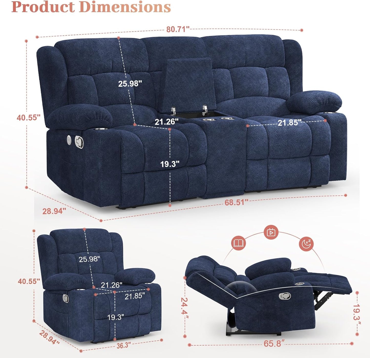 Recliner Sofa Set with 2+1+1 Pieces, Fabric Manual Pull Tab Reclining Loveseat with Storage Console, Single Recliner Chair for Living Room, RV, Blue