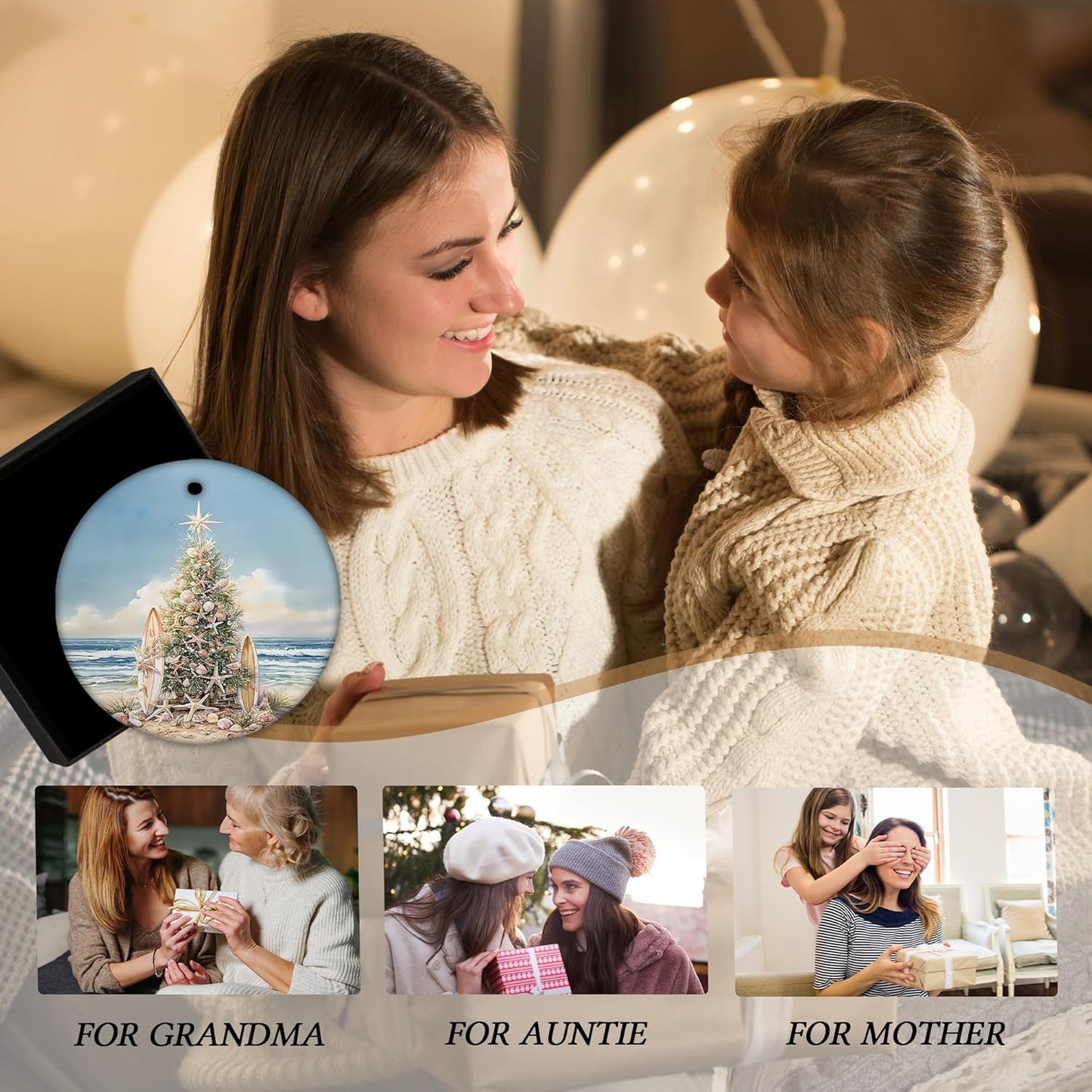 Coastal Beach Christmas Ceramic Ornament Gifts, Ocean Beachy Seashell Christmas Decorative Hanging Ornaments for Xmas Tree Holiday Party Decoration, Coastal Beach Xmas Tree Decorations