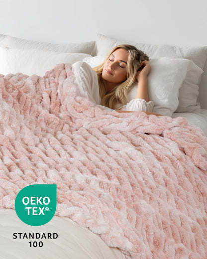 Faux Fur Blanket, Twin Size Oversized Throw Blanket for Couch, Fluffy Blanket with Stretch Ruched Design, Ultra Soft Giftable Home Decor, 60x80 inches, Tie-Dyed in Pink