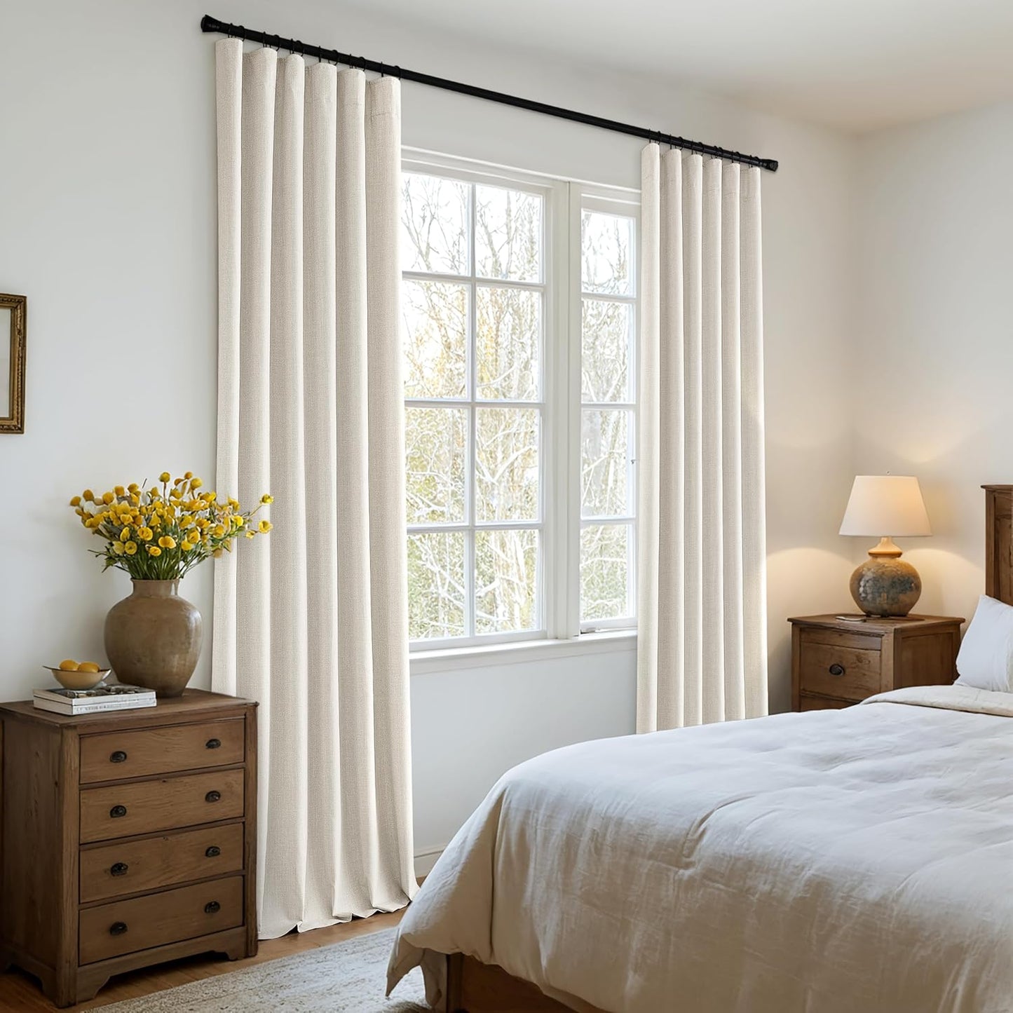 MIULEE 100% Blackout Curtains 90 Inch Long 2 Panels Set for Bedroom, Thick Luxury Faux Linen Black Out Curtain Room Darkening Back Tab Pleat Window Textured Drapes with Hooks for Living Room, Birch