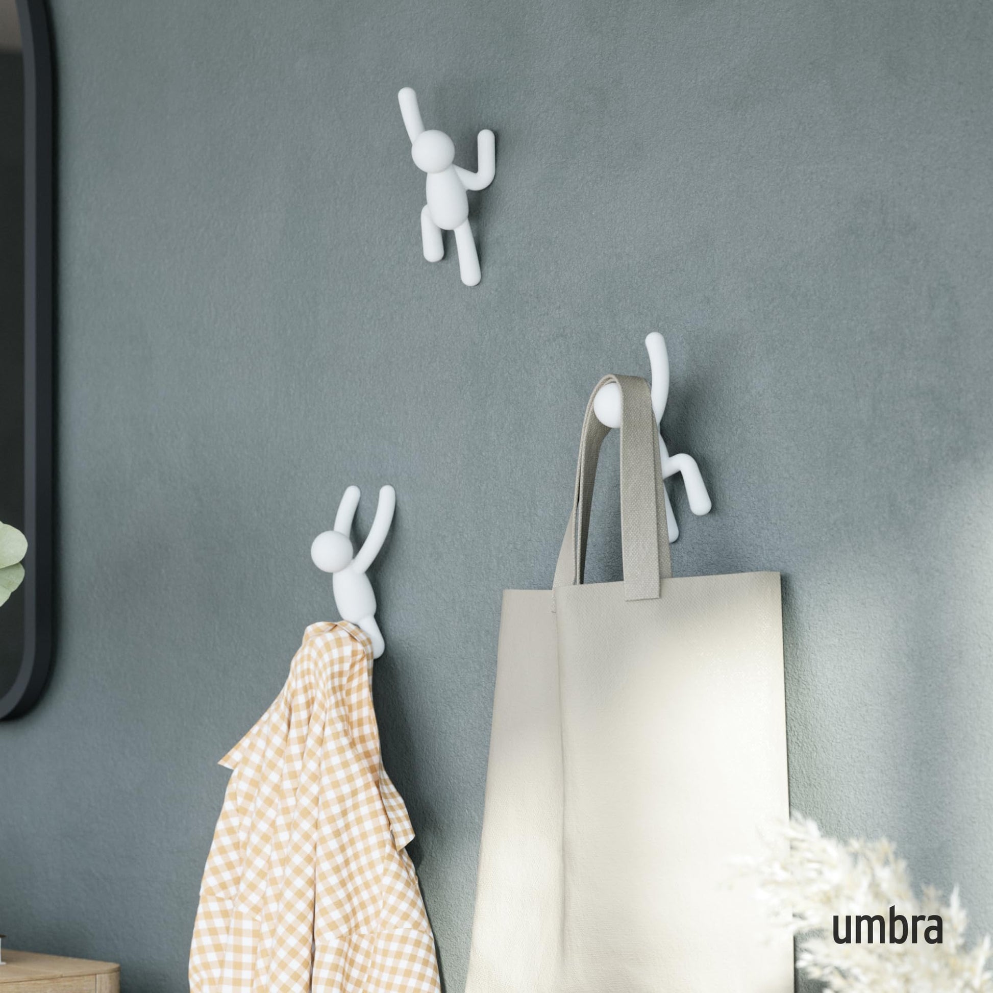 Umbra Buddy Wall Hooks, Decorative Wall Mount Coat Hooks, Set of 3, White