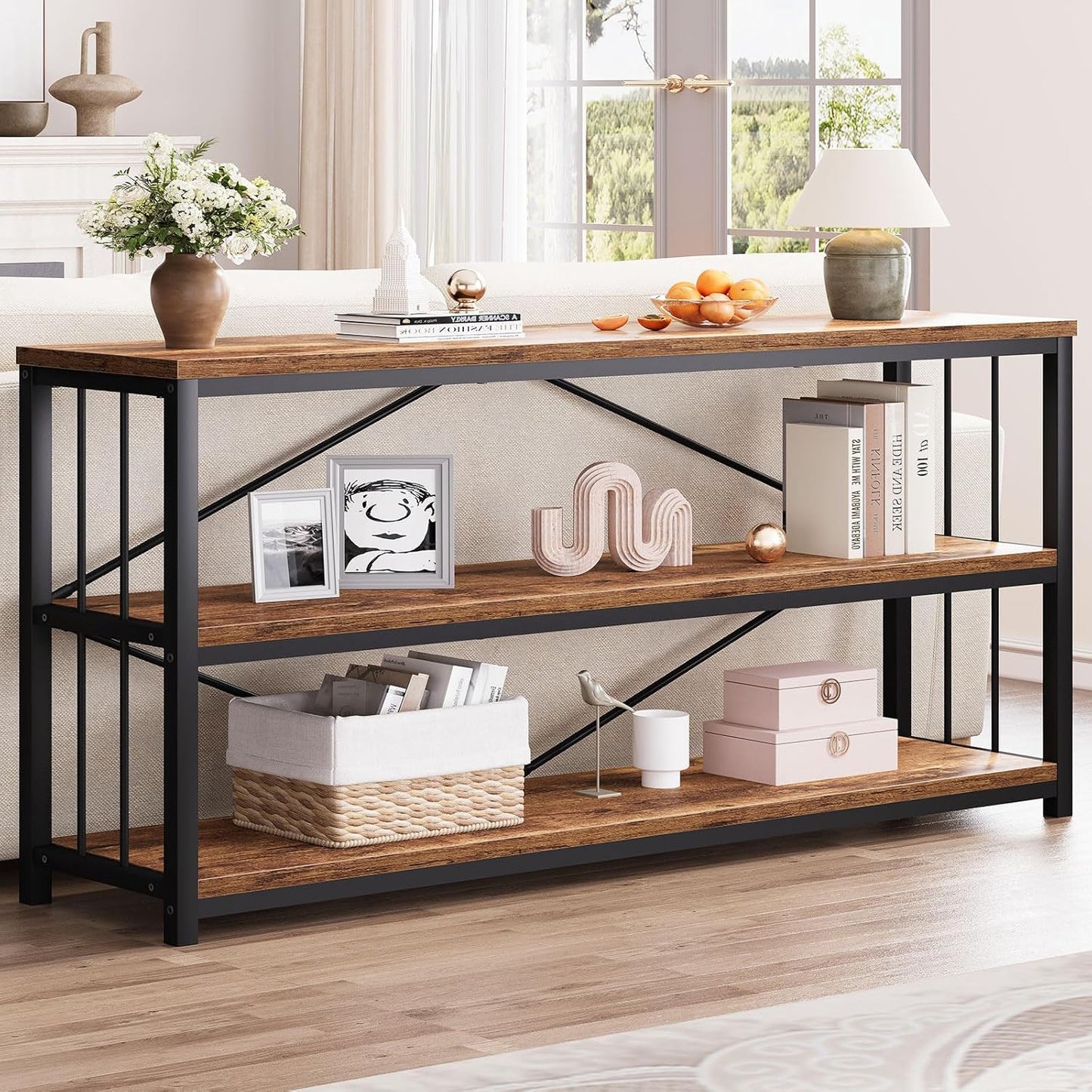 LVB Rustic Entryway Table, Industrial Extra Long Hallway Sofa Table, Wood Metal Narrow Console Table with Storage Shelf, Modern Skinny Couch Table for Foyer Living Room Bedroom, Rustic Brown, 70 Inch