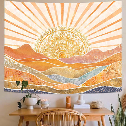 Lunerfex Bohemian Mandala Sunrise Wall Tapestry, Abstract Mountain Scenery Tapestries for Home Decor, Boho Tapestry 90x70 Inch