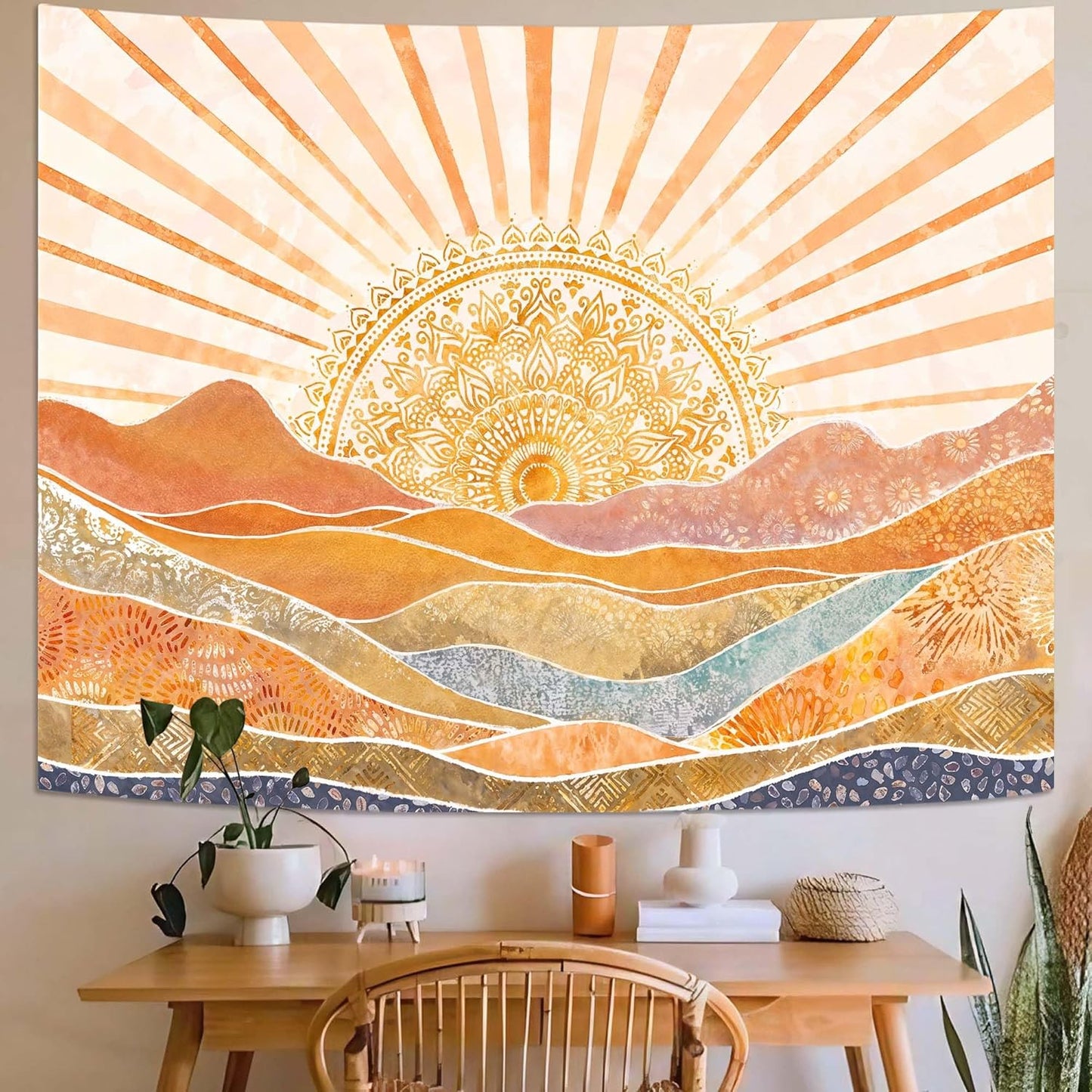 Lunerfex Bohemian Mandala Sunrise Wall Tapestry, Abstract Mountain Scenery Tapestries for Home Decor, Boho Tapestry 80x60 Inch