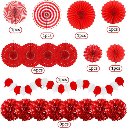 Red Party Decorations, Papar Fans Pompoms Fans Garlands for Birthday Bridal Baby Shower Wedding Graduation New Years Valentine's Day Party Decorations