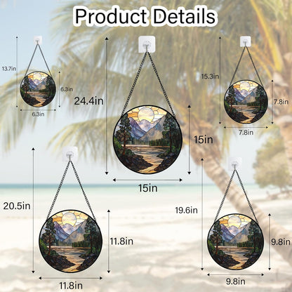 Stained Glass Window Hanging, Sunset Mountains Lake Tree Sun Catcher for Window Home Decor Landscape Suncatcher Mother's Day Birthday Gifts for Women Men Mom and Nana 15 in