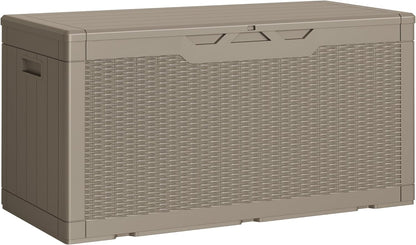 Greesum 100 Gallon Resin Deck Box Lockable Large Outdoor Storage Boxes for Garden Tools, Patio Furniture Cushions, Pool Supplies, Light Coffee