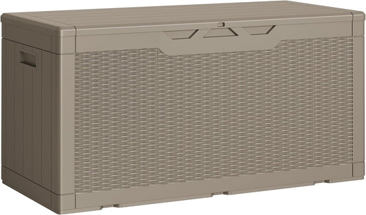 Greesum 100 Gallon Resin Deck Box Lockable Large Outdoor Storage Boxes for Garden Tools, Patio Furniture Cushions, Pool Supplies, Light Coffee