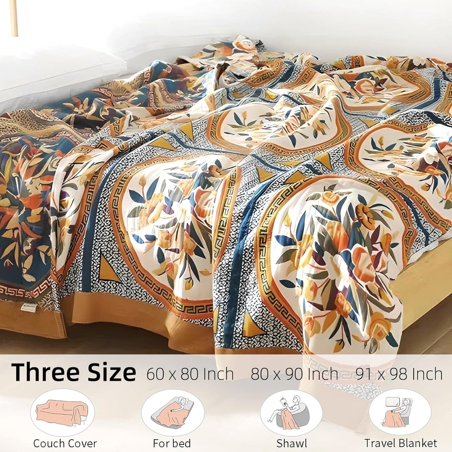 Boho Throw Blanket for Bed - 100% Pure Cotton Ultra Soft Rustic Quilt - Farmhouse Decor Bed Blankets, All Season Rustic Throw for Sofa Couch Chair(80''x 90'', Floral)