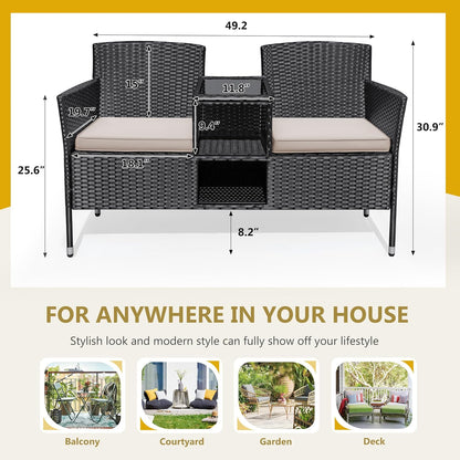 Flamaker Outdoor Furniture Patio Loveseat Wicker 2-Seat with Built-in Table and Cushions Rattan Porch Chairs Bench for Balcony, Lawn, Backyard (Beige)