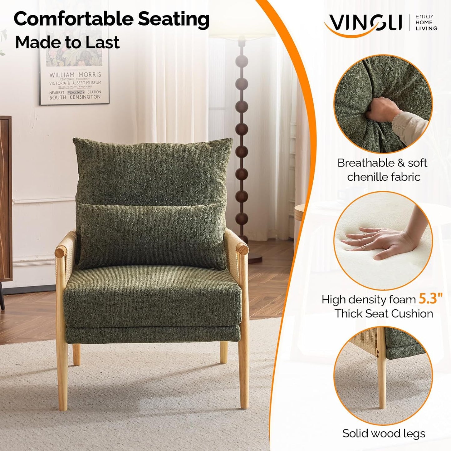 VINGLI Boho Braid Accent Armchairs Set of 2,Mid-Century Modern Chiars with Solid Wooden Armrest,Comfy Louge Cushion Chairs with Waist Pillow for Bedroom,Living Room,Reading Room, Dark Green