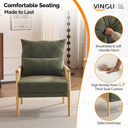 VINGLI Boho Braid Accent Armchairs Set of 2,Mid-Century Modern Chiars with Solid Wooden Armrest,Comfy Louge Cushion Chairs with Waist Pillow for Bedroom,Living Room,Reading Room, Dark Green