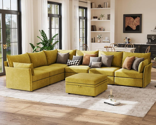 136.4" Oversized Modular Sectional Sofa, L Shaped Convertible Couch with Movable Ottoman, Large 7 Seat Corner Couches for Living Room Deep Seat Yellow Chenille